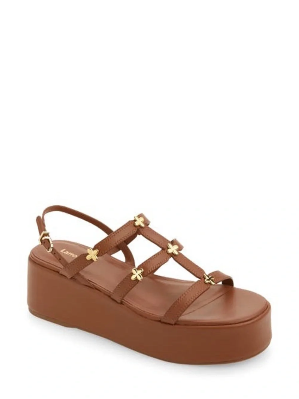 LARROUDE Harmony Platform Strappy Sandal with Gold Flower Accents Brown 8.5